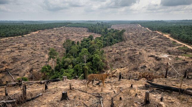 Deforestation impact on wildlife with solitary tiger in cleared forest