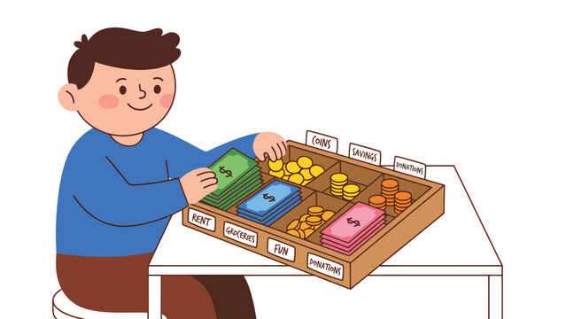 Young boy learning about money and counting coins and bills in a wooden organizer.
