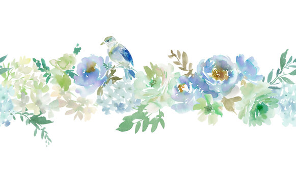 Watercolor floral PNG seamless background with abstract hand painted blue and green roses, wild flowers and blue bird for banner, stationary and wedding invitation.