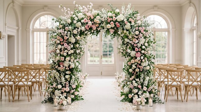 An elegant indoor wedding setup featuring a large floral arch adorned with white and pink roses (Rosa spp.), lush greenery, and delicate blossoms