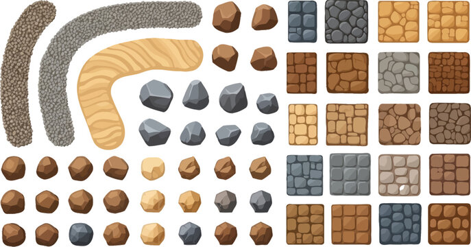 Collection of stylized stone and rock game assets including ground textures paths and boulders for environment design vector