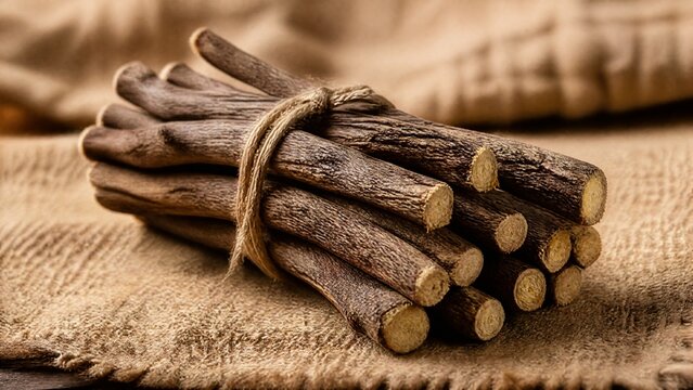 Bundle of dried licorice roots on burlap fabric, textural detail. gardening catalogs, home-decor guides, designed for gardening and botanical catalogs, used by art directors.