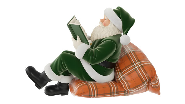 Santa Claus in green suit reading a book isolated on white background