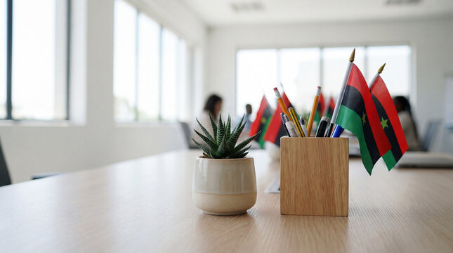 Juneteenth celebration office desk plant flags decoration bright workspace corporate holiday themed professional environment diversity awareness editorial