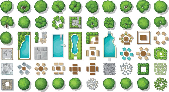 Landscape design elements set featuring trees swimming pools and patio furniture for architectural site plan mapping vector illustration