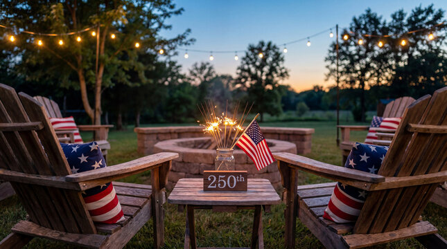 America 250th anniversary fire pit area adirondack chairs patriotic cushions sparklers sunset outdoor backyard celebration evening promotional editorial marketing content