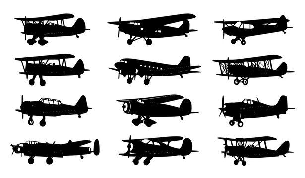 Retro vintage airplane silhouette collection with classic aviation vector graphics isolated on white background