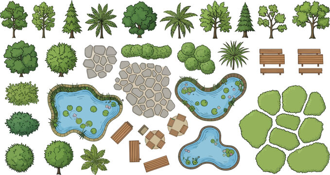 Landscape design elements set with top view trees ponds benches and stone paths for garden planning vector illustration