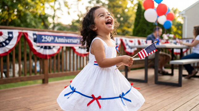 America 250th Independence Day Hispanic toddler girl spinning dancing American flag backyard celebration laughing joyful patriotic summer promotional editorial marketing