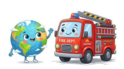 Naklejka premium Cute planet Earth character visiting a fire station and learning about firefighters in a colorful educational illustration.