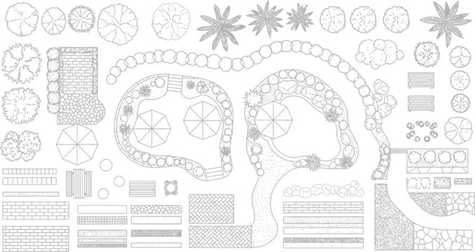 Landscape design symbols and architectural site plan elements including trees plants pools and outdoor furniture vector line art set