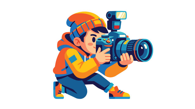 Young boy dressed in warm winter clothes, crouching and holding a large professional camera with a flash attachment, ready to take a picture.