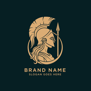 Logo featuring a stylized profile of a warrior woman with helmet and spear