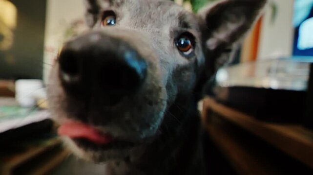 Alert canine eagerly accepts snack while exploring familiar home surroundings