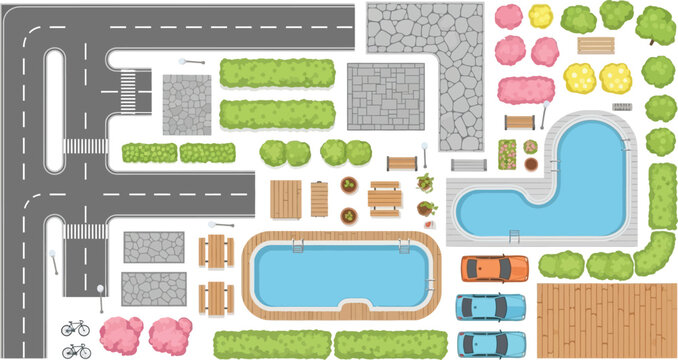 Top down landscape design elements kit with roads swimming pools trees cars and outdoor furniture for urban planning vector illustration
