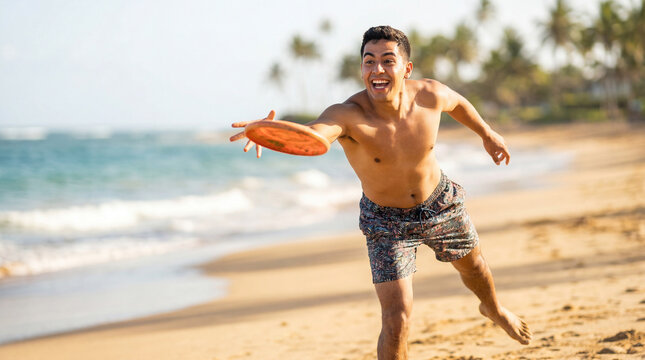 Summer beach man Hispanic throwing frisbee active energetic joyful playful vacation seaside outdoor promotional travel marketing editorial social media sports lifestyle content