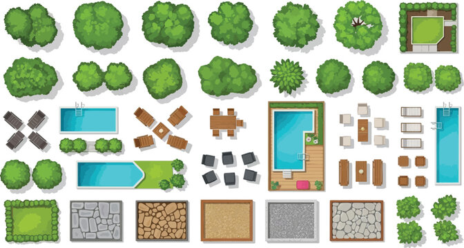 Top down landscape design elements including trees swimming pools outdoor furniture and paving textures for garden planning vector illustration