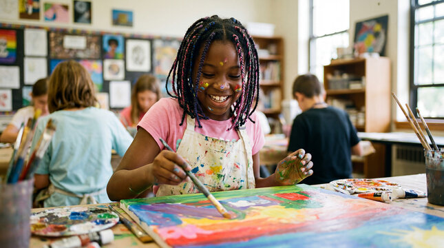 Back to school student creating colorful artwork in art class for creative education expression materials