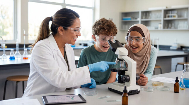 Back to school teacher guiding students with microscope in science lab for education exploration learning materials