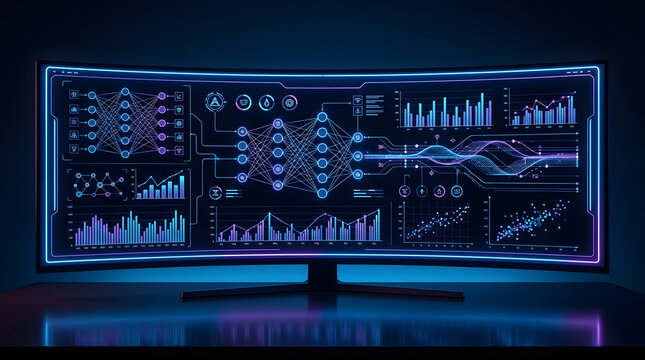 Curved computer monitor with data visualization.