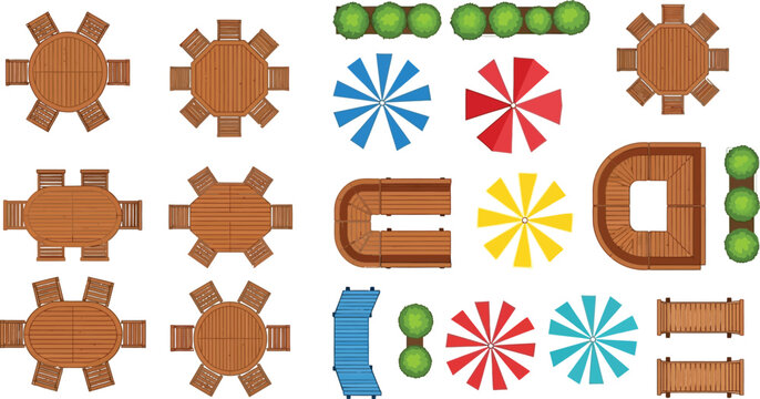Top view outdoor furniture set with wooden tables chairs colorful umbrellas and green bushes for landscape design vector illustration