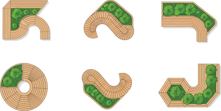 Top view vector set of modern wooden modular benches with integrated green planters for urban landscape architectural site planning.