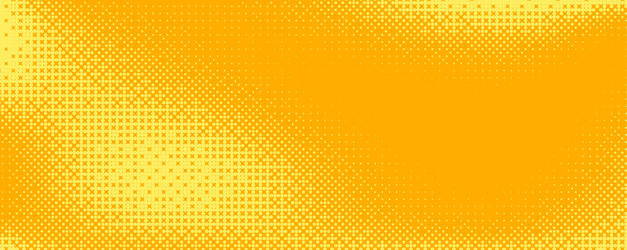 Yellow orange bitmap pixel texture. 8 bit halftone faded pop art gradation wallpaper. Dotted dither gradient pattern background. Vanishing raster video arcade game backdrop for banner, poster. Vector