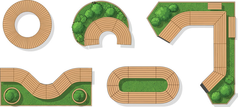 Top view vector set of modern wooden park benches with integrated landscaping and green bushes for urban garden planning