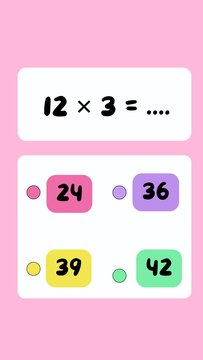 Educational multiplication worksheet featuring a multiple-choice math quiz for children. Designed to help students practice multiplication skills, mental math, problem-solving, and basic arithmetic in