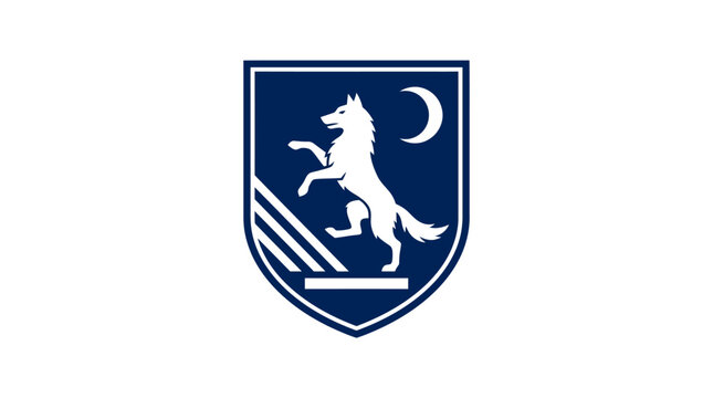 Heraldic shield logo with wolf and crescent moon silhouette.