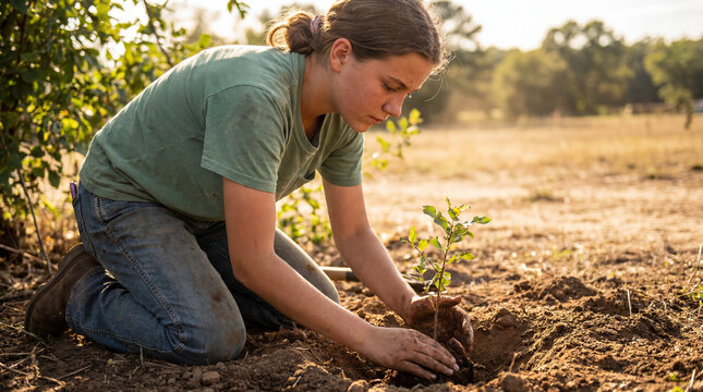 Combat desertification drought teenage girl planting tree seedling focused outdoors for environmental conservation awareness campaign educational promotional content