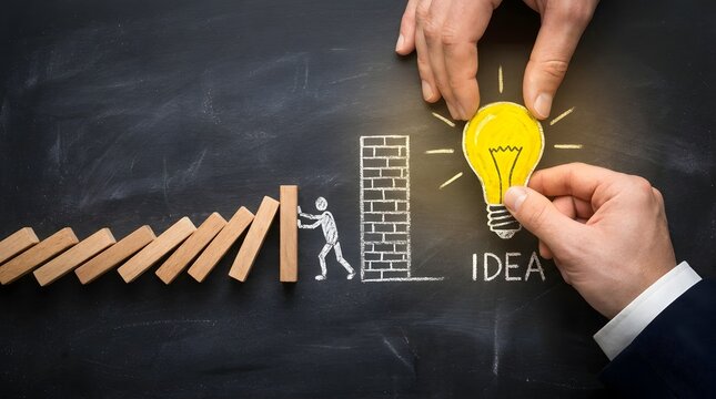 Hands placing lightbulb idea to stop falling dominoes hitting wall