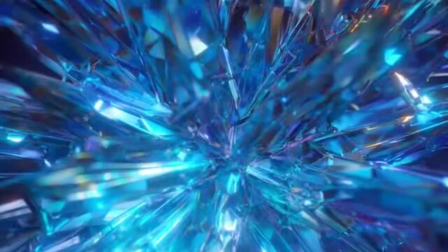 Vibrant iridescent crystal lattice morphing and growing in slow motion, showcasing intricate fractal patterns and rainbow light