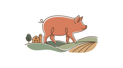 Farm pig walking on rolling hills with barn and fields, countryside landscape © tempe