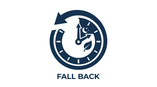 Fall Back Clock Icon with Leaf and Moon Symbols - Daylight Saving Time End