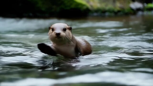 Close up view of a cute furry river animal diving inside cold water stream, playful little mammal enjoys active clean lifestyle during day time in green fresh forest wild nature environment pond