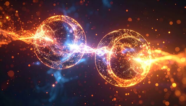 Glowing Abstract Energy Spheres Connected by Bright Light Beam in Dark Cosmic Space