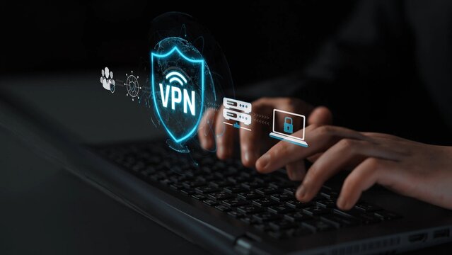 Hands Typing on Laptop with Futuristic VPN Graphics Symbolizing Online Privacy Protection and Cybersecurity Awareness in a Digital Environment Sigmoid