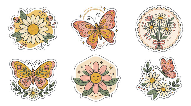 Boho Daisy Flowers and Butterflies Sticker Pack, Vintage Floral Illustrations