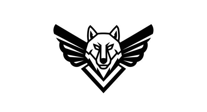 Black and white stylized wolf with wings emblem, geometric lines, shield shape