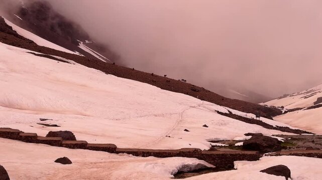 Sunset light falls across alpine snowfields as a distant mule caravan crosses a misty high altitude valley near Mount Toubkal in Morocco.