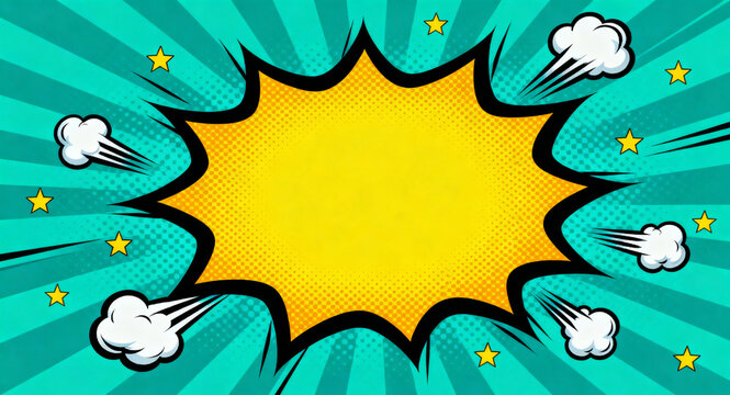 Dynamic comic book style explosion bubble background with vibrant pop art elements and radial lines, perfect for impactful messages and retro graphic designs and energetic digital artwork