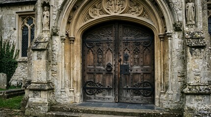 Fototapeta premium Ancient arched wooden door of a historic stone church building with historic architecture entrance medieval cathedral heritage building structure exterior religion tradition religious