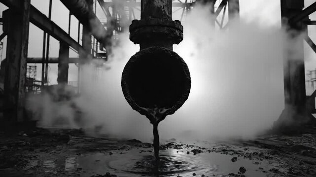 Industrial waste pollution pipe dumping toxic liquids into polluted puddles with factory structures silhouetted in black and white