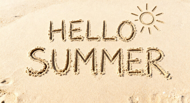 Hello Summer text written in the sand on a tropical beach with a sun drawing for vacation greeting