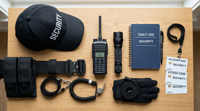 Security guard equipment and accessories arranged on a wooden table