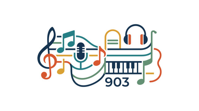 Abstract colorful music symbols and number 903 illustration.