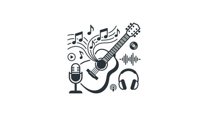 Fototapeta premium Acoustic guitar and microphone line art music icons.