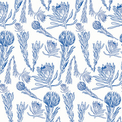 Fototapeta premium Seamless pattern featuring a dense arrangement of light-blue protea flowers in a repeating design of nature