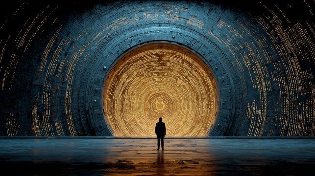 Mysterious silhouette facing a massive round vault door made of glowing binary code and circuits, heavy metal texture, complex lock, gold and blue neon lighting in a dark futuristic scene.